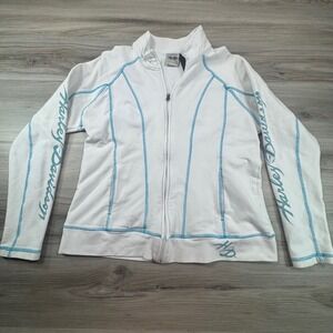 Harley Davidson WMNS White Zip Up Track Jacket Turquoise Stitching Logo Size XL